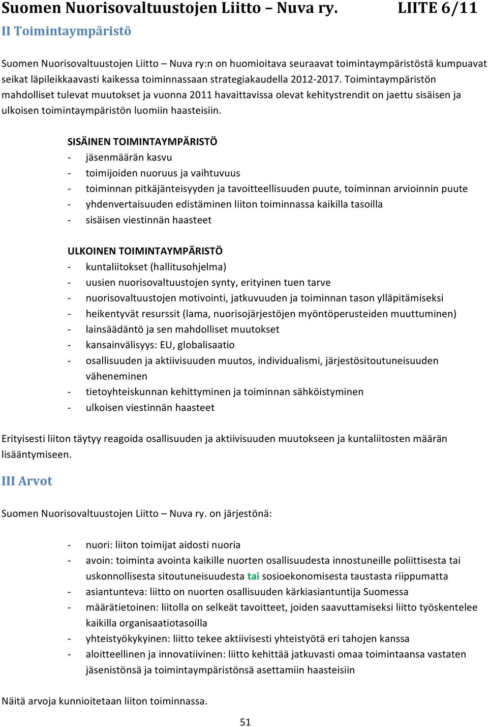 SISÄINEN TOIMINTAYMPÄRISTÖ jäsenmäärän kasvu toimijoiden nuoruus ja vaihtuvuus toiminnan pitkäjänteisyyden ja tavoitteellisuuden puute, toiminnan arvioinnin puute yhdenvertaisuuden edistäminen liiton