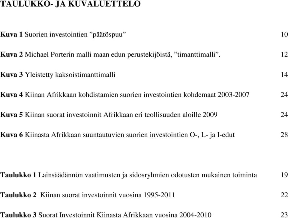 investoinnit Afrikkaan eri teollisuuden aloille 2009 24 Kuva 6 Kiinasta Afrikkaan suuntautuvien suorien investointien O-, L- ja I-edut 28 Taulukko 1