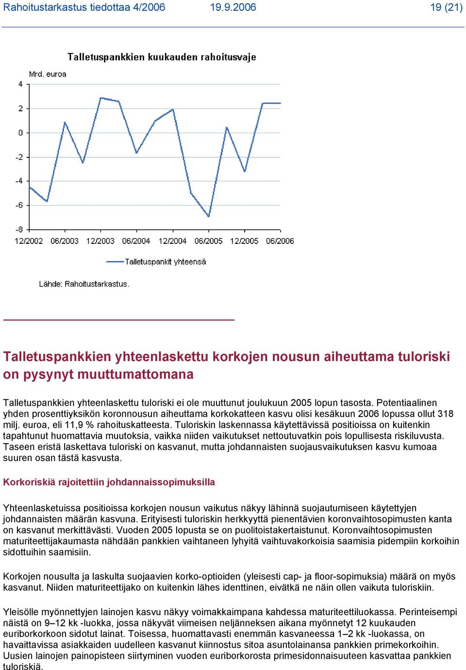 Potentiaalinen yhden prosenttiyksikön koronnousun aiheuttama korkokatteen kasvu olisi kesäkuun 2006 lopussa ollut 318 milj. euroa, eli 11,9 % rahoituskatteesta.