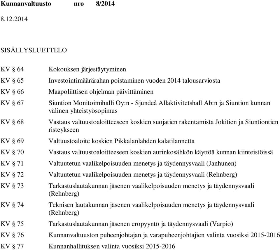 ja ntien risteykseen Valtuustoaloite koskien Pikkalanlahden kalatilannetta Vastaus valtuustoaloitteeseen koskien aurinkosähkön käyttöä kunnan kiinteistöissä Valtuutetun vaalikelpoisuuden menetys ja