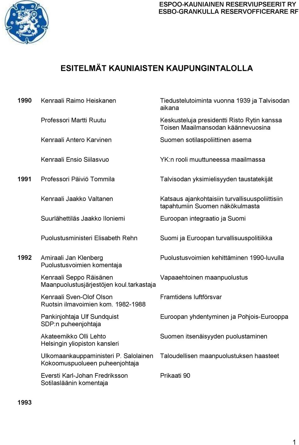 yksimielisyyden taustatekijät Kenraali Jaakko Valtanen Suurlähettiläs Jaakko Iloniemi Katsaus ajankohtaisiin turvallisuuspoliittisiin tapahtumiin Suomen näkökulmasta Euroopan integraatio ja Suomi