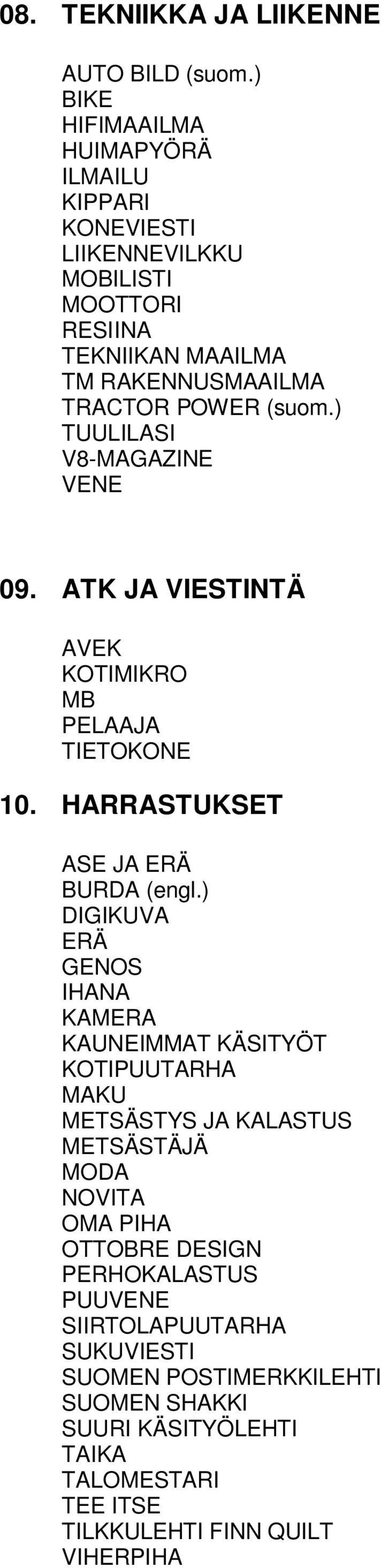 ) TUULILASI V8-MAGAZINE VENE 09. ATK JA VIESTINTÄ AVEK KOTIMIKRO MB PELAAJA TIETOKONE 10. HARRASTUKSET ASE JA ERÄ BURDA (engl.