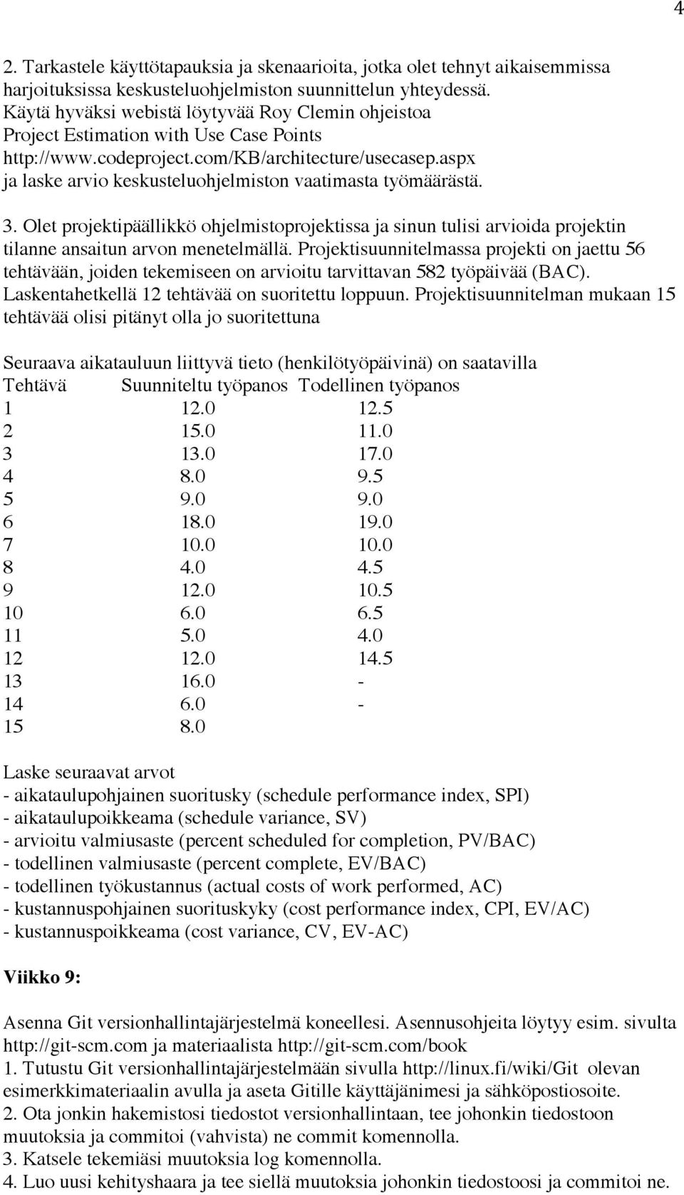 aspx ja laske arvio keskusteluohjelmiston vaatimasta työmäärästä. 3. Olet projektipäällikkö ohjelmistoprojektissa ja sinun tulisi arvioida projektin tilanne ansaitun arvon menetelmällä.