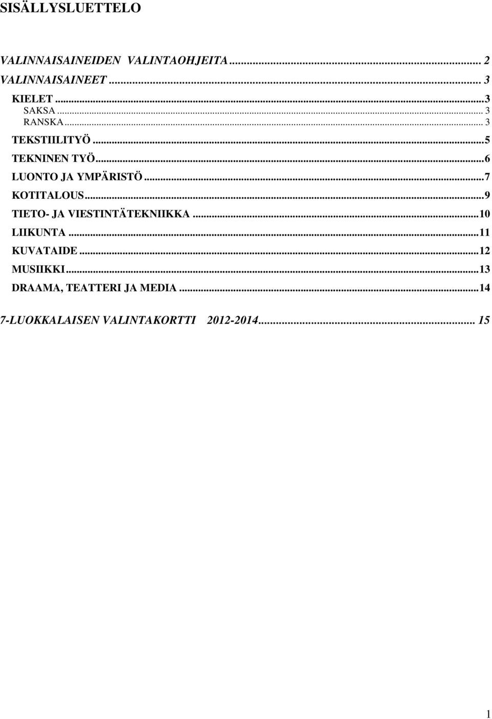 .. 7 KOTITALOUS... 9 TIETO- JA VIESTINTÄTEKNIIKKA... 10 LIIKUNTA... 11 KUVATAIDE.