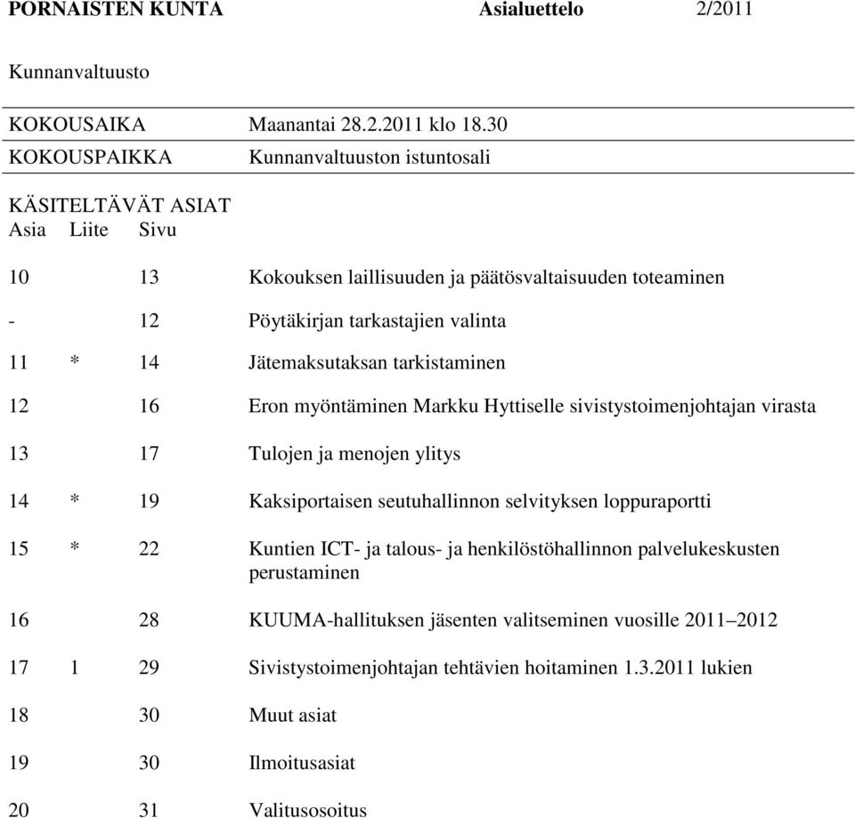 Jätemaksutaksan tarkistaminen 12 16 Eron myöntäminen Markku Hyttiselle sivistystoimenjohtajan virasta 13 17 Tulojen ja menojen ylitys 14 * 19 Kaksiportaisen seutuhallinnon selvityksen