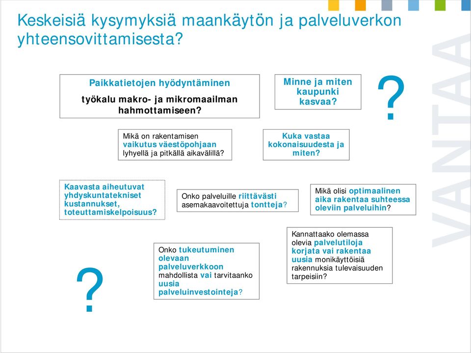 Kaavasta aiheutuvat yhdyskuntatekniset kustannukset, toteuttamiskelpoisuus? Onko palveluille riittävästi asemakaavoitettuja tontteja?