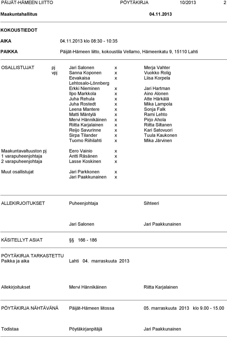 2013 klo 08:30-10:35 PAIKKA Päijät-Hämeen liitto, kokoustila Vellamo, Hämeenkatu 9, 15110 Lahti OSALLISTUJAT pj Jari Salonen x Merja Vahter vpj Sanna Koponen x Vuokko Rolig Eevakaisa x Liisa Korpela