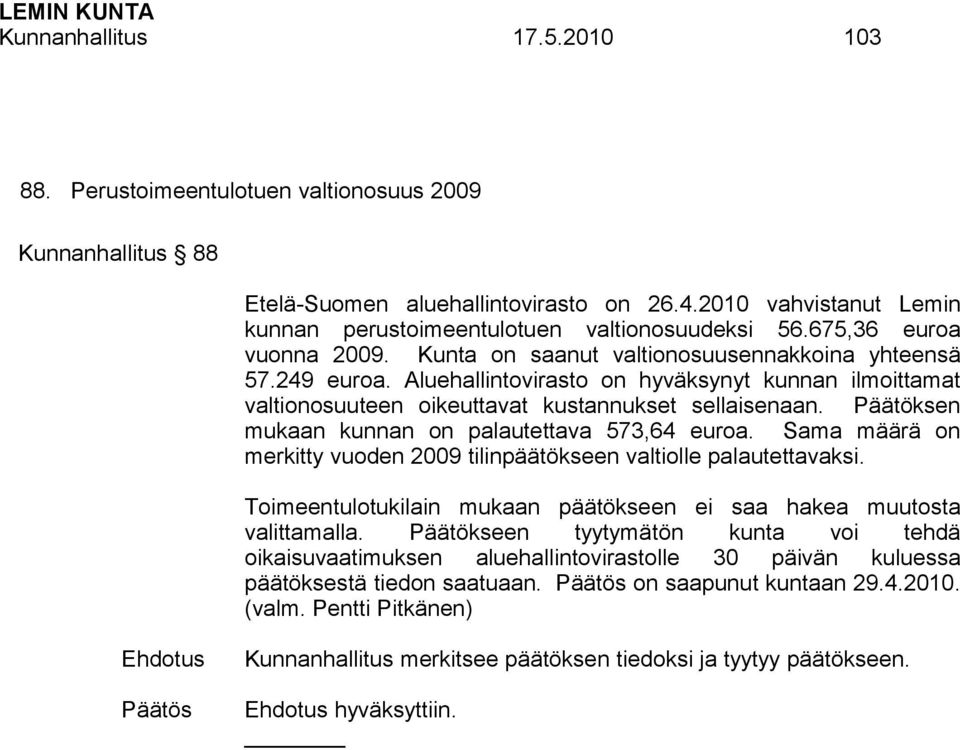 Aluehallintovirasto on hyväksynyt kunnan ilmoittamat valtionosuuteen oikeuttavat kustannukset sellaisenaan. Päätöksen mukaan kunnan on palautettava 573,64 euroa.