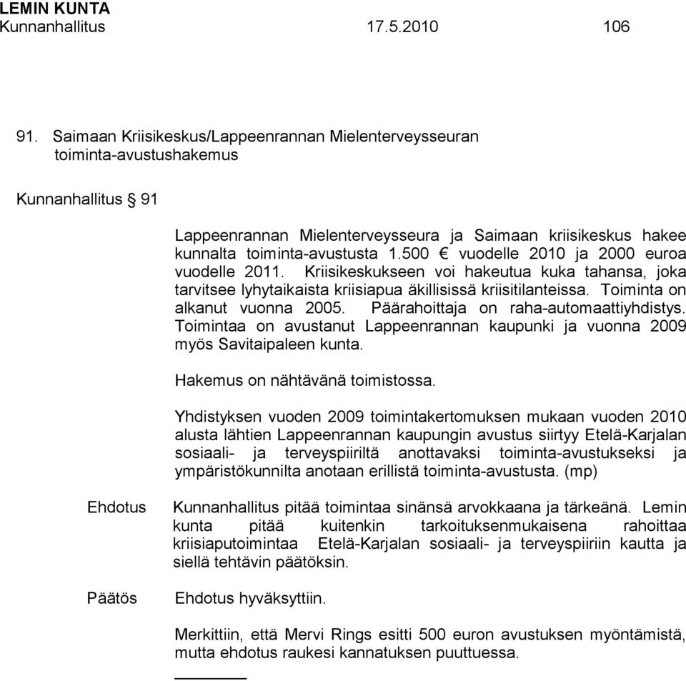 500 vuodelle 2010 ja 2000 euroa vuodelle 2011. Kriisikeskukseen voi hakeutua kuka tahansa, joka tarvitsee lyhytaikaista kriisiapua äkillisissä kriisitilanteissa. Toiminta on alkanut vuonna 2005.