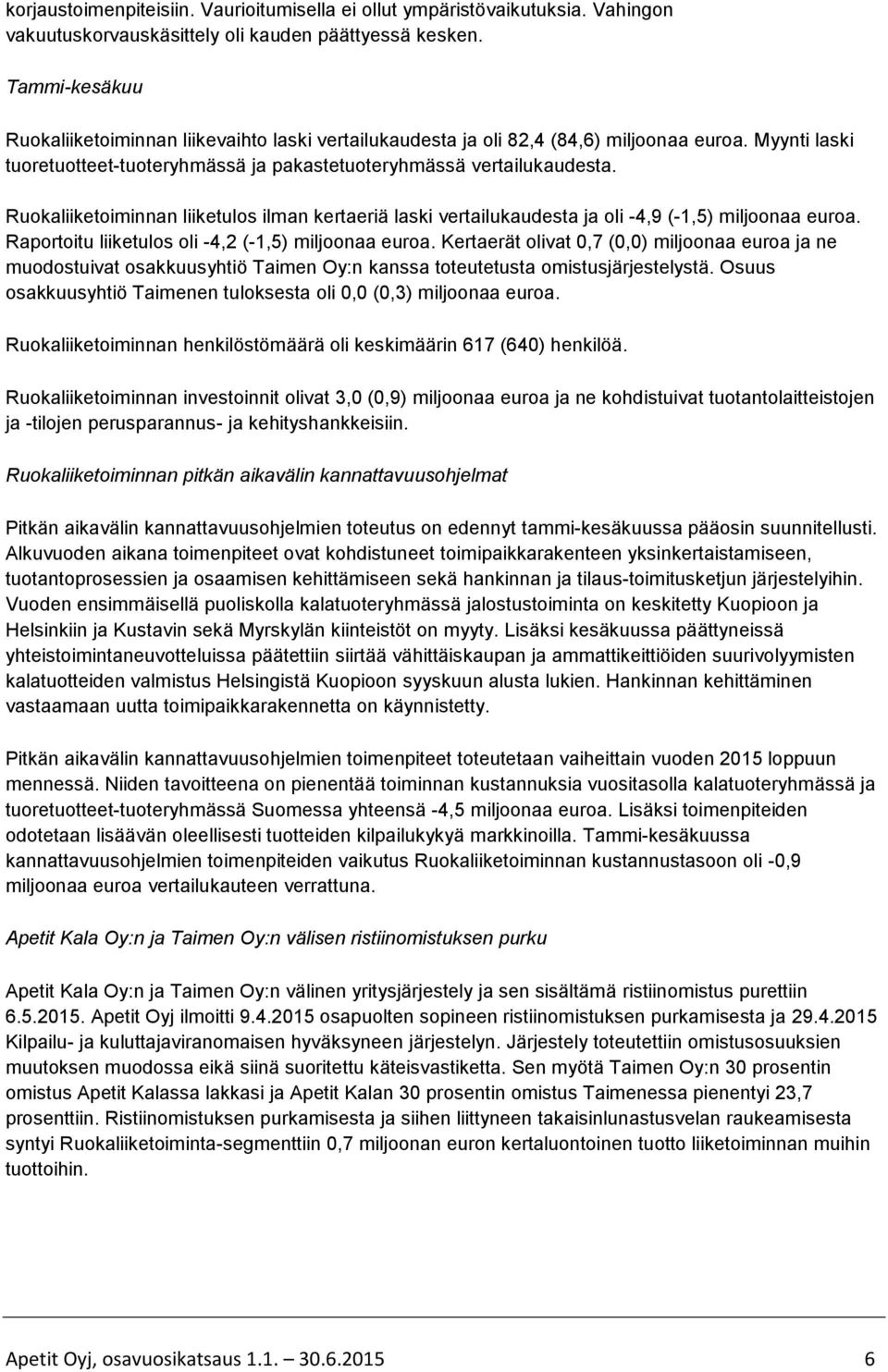 Ruokaliiketoiminnan liiketulos ilman kertaeriä laski vertailukaudesta ja oli -4,9 (-1,5) miljoonaa euroa. Raportoitu liiketulos oli -4,2 (-1,5) miljoonaa euroa.