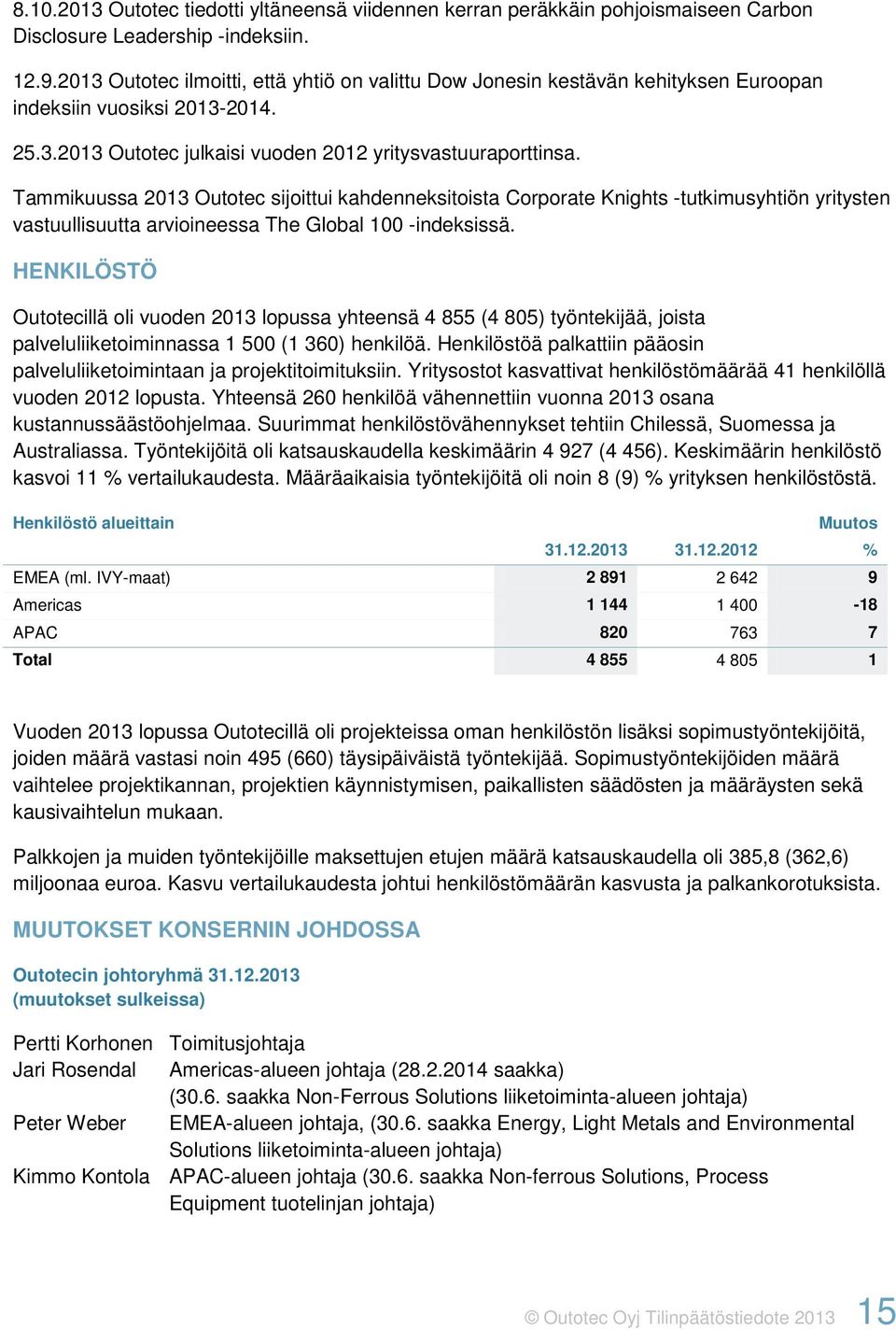 Tammikuussa 2013 Outotec sijoittui kahdenneksitoista Corporate Knights -tutkimusyhtiön yritysten vastuullisuutta arvioineessa The Global 100 -indeksissä.