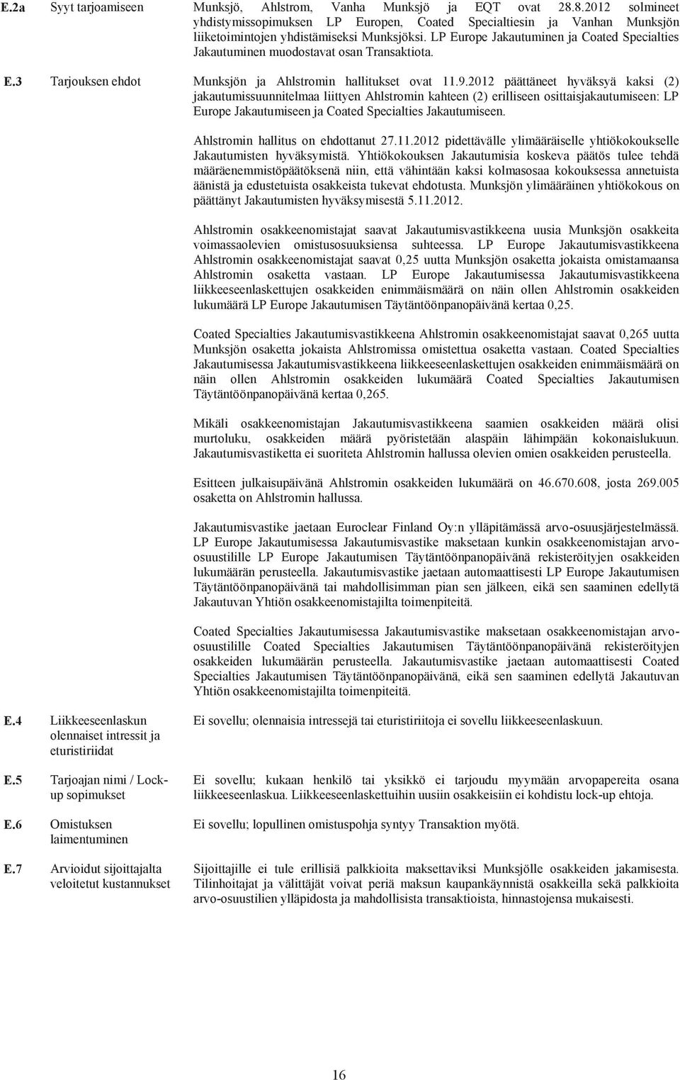 LP Europe Jakautuminen ja Coated Specialties Jakautuminen muodostavat osan Transaktiota. E.3 Tarjouksen ehdot Munksjön ja Ahlstromin hallitukset ovat 11.9.