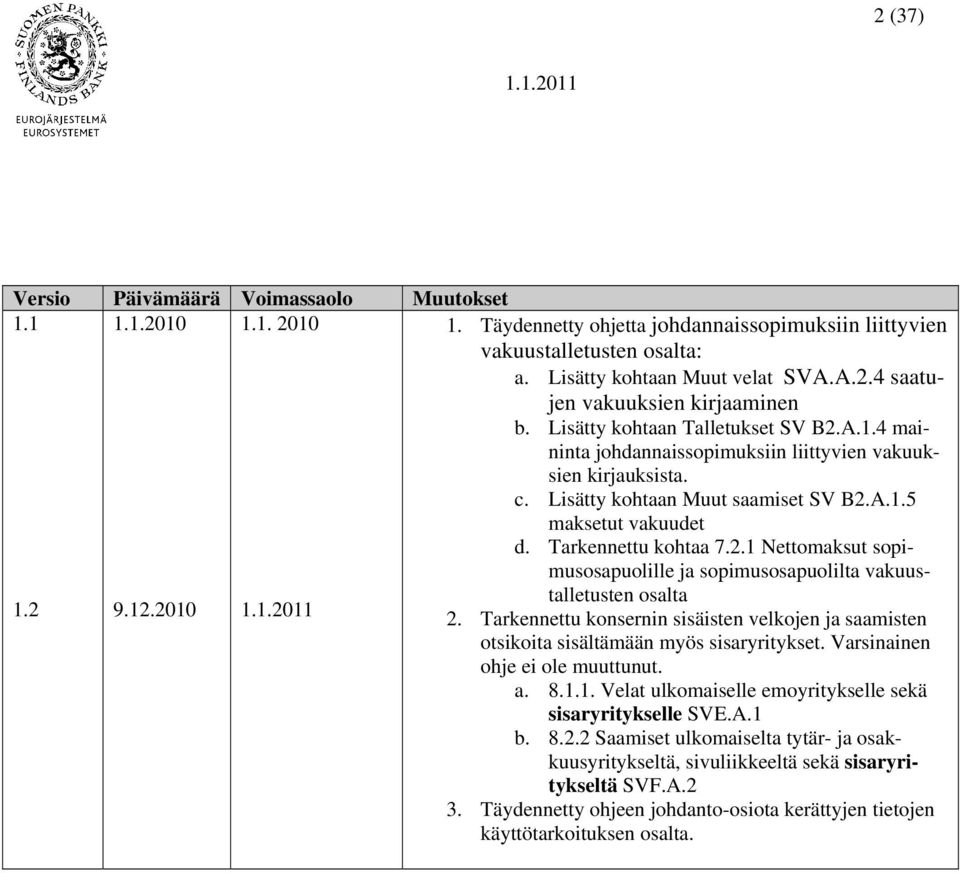 Tarkennettu kohtaa 7.2.1 Nettomaksut sopimusosapuolille ja sopimusosapuolilta vakuustalletusten osalta 2.