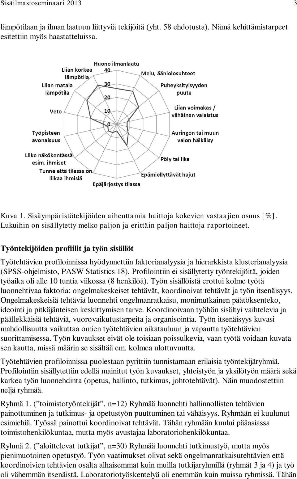 Työntekijöiden profiilit ja työn sisällöt Työtehtävien profiloinnissa hyödynnettiin faktorianalyysia ja hierarkkista klusterianalyysia (SPSS-ohjelmisto, PASW Statistics 18).