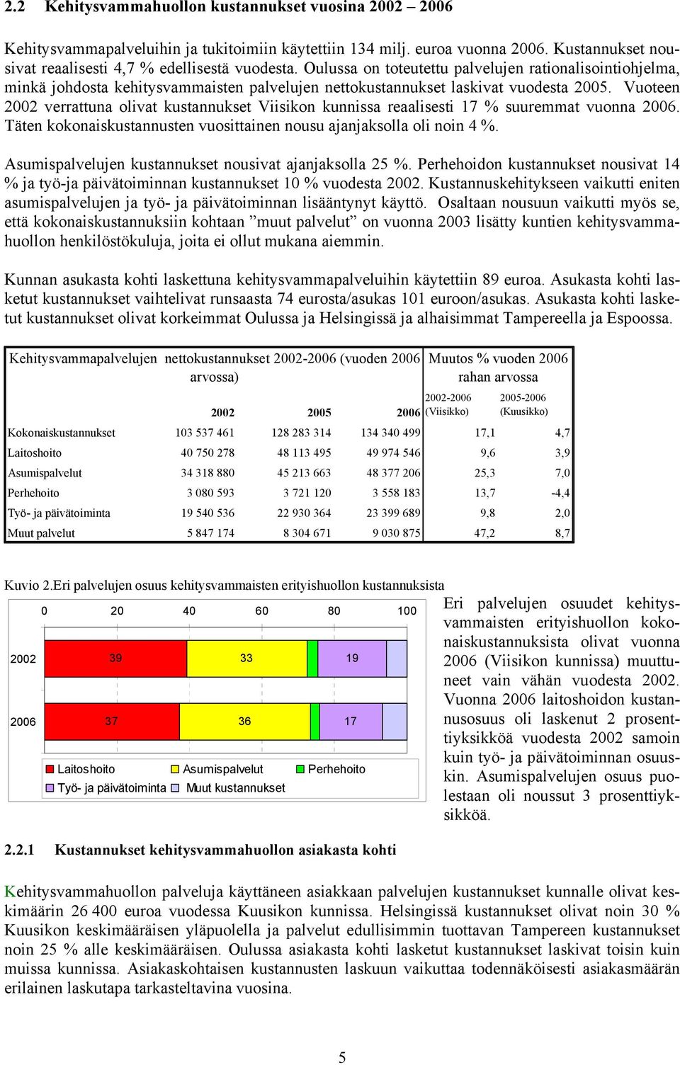 Vuoteen 2002 verrattuna olivat kustannukset Viisikon kunnissa reaalisesti 17 % suuremmat vuonna 2006. Täten kokonaiskustannusten vuosittainen nousu ajanjaksolla oli noin 4 %.