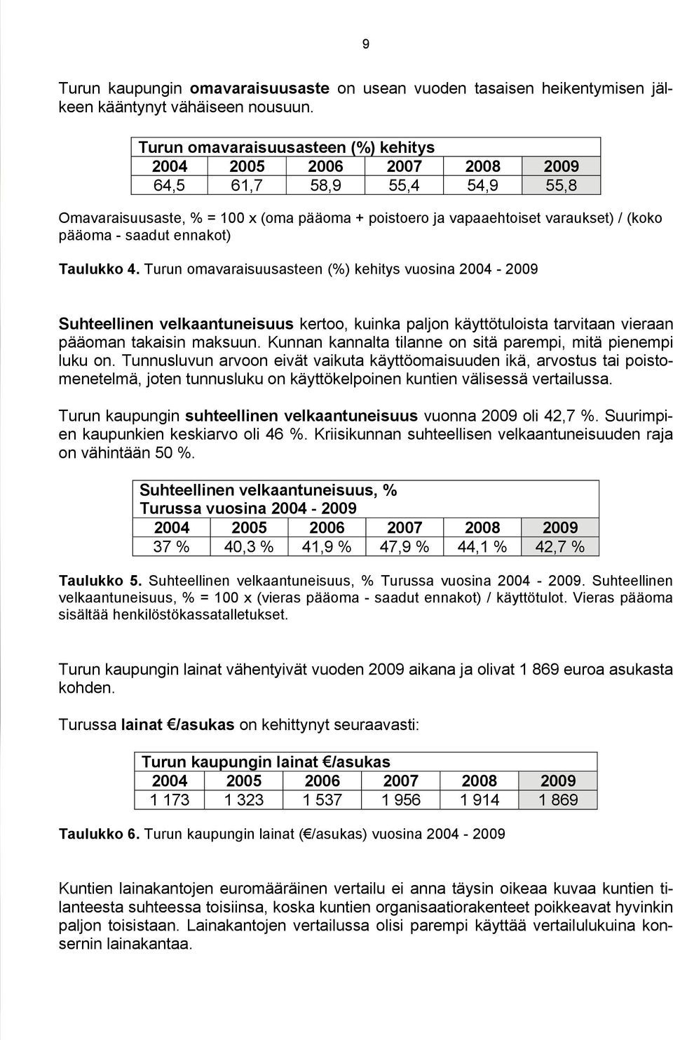 saadut ennakot) Taulukko 4. Turun omavaraisuusasteen (%) kehitys vuosina 2004-2009 Suhteellinen velkaantuneisuus kertoo, kuinka paljon käyttötuloista tarvitaan vieraan pääoman takaisin maksuun.