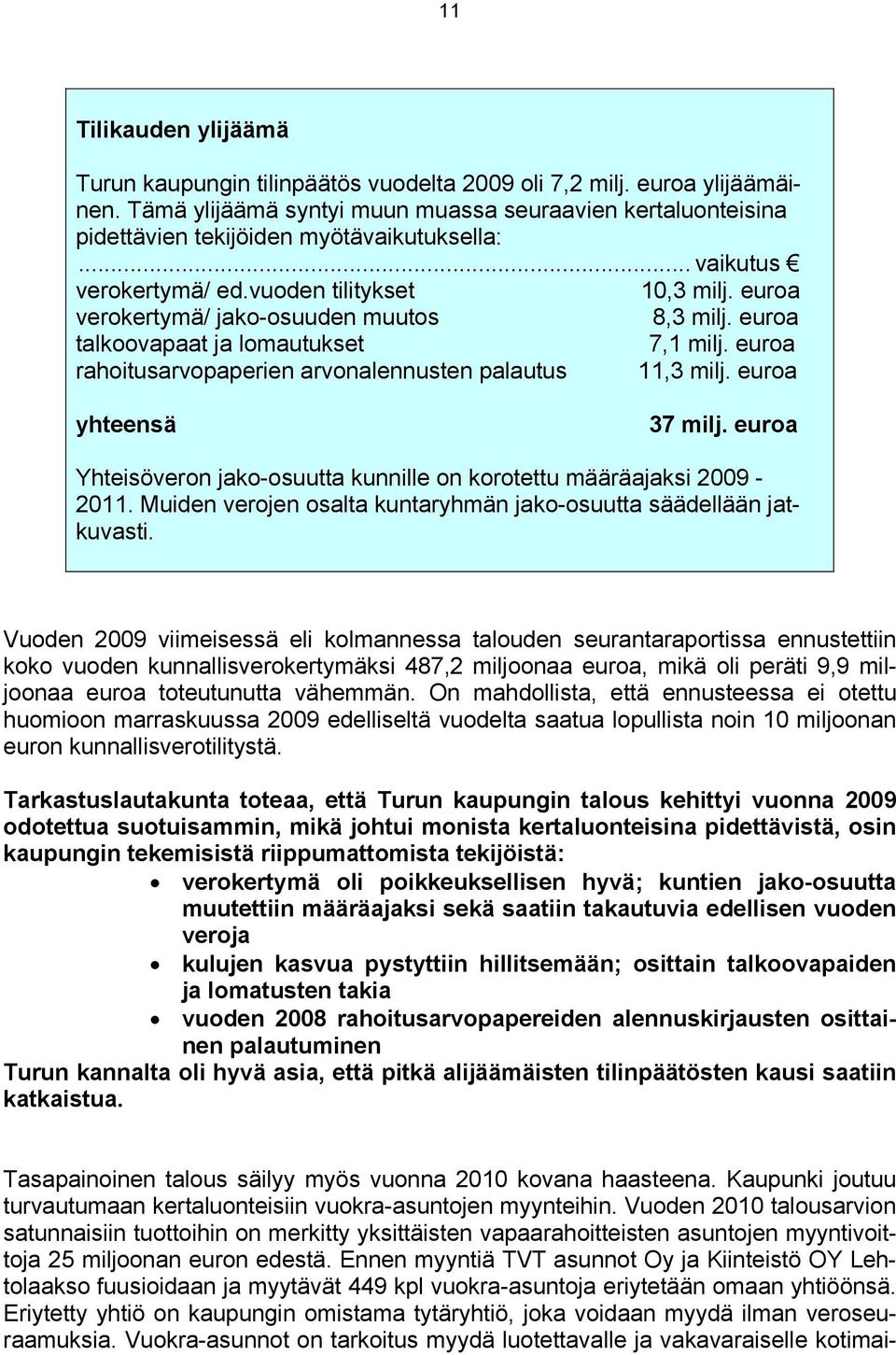 euroa verokertymä/ jako-osuuden muutos 8,3 milj. euroa talkoovapaat ja lomautukset 7,1 milj. euroa rahoitusarvopaperien arvonalennusten palautus 11,3 milj. euroa yhteensä 37 milj.