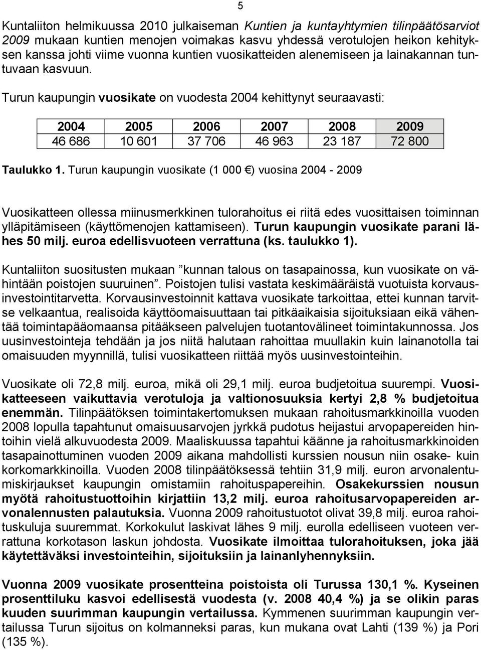 Turun kaupungin vuosikate on vuodesta 2004 kehittynyt seuraavasti: 2004 2005 2006 2007 2008 2009 46 686 10 601 37 706 46 963 23 187 72 800 Taulukko 1.