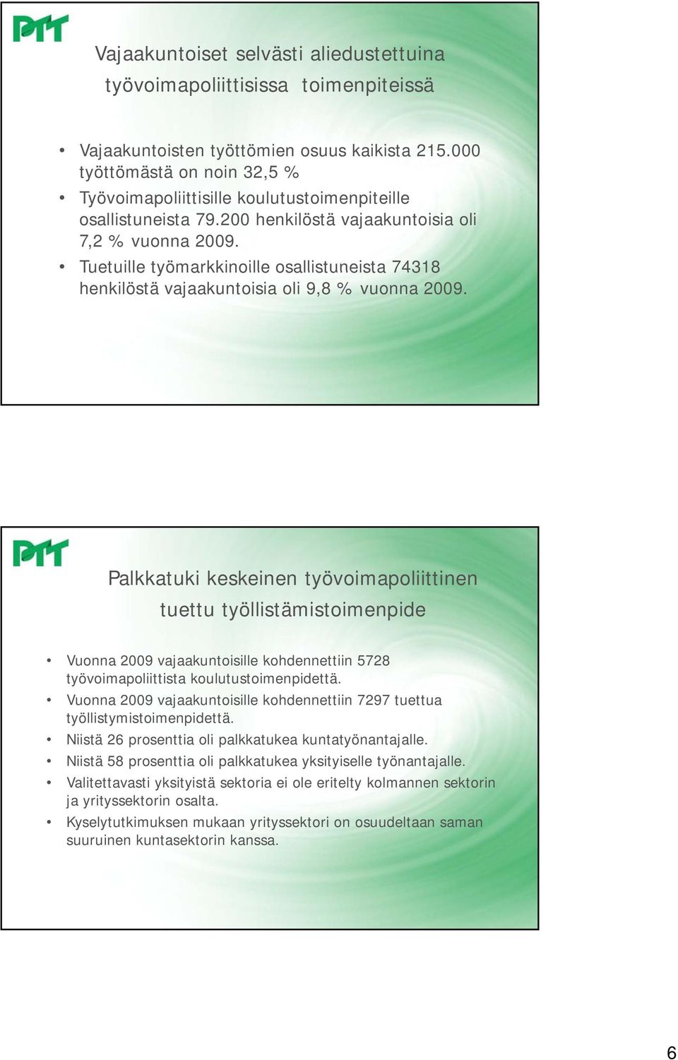 Tuetuille työmarkkinoille osallistuneista 74318 henkilöstä vajaakuntoisia oli 9,8 % vuonna 2009.