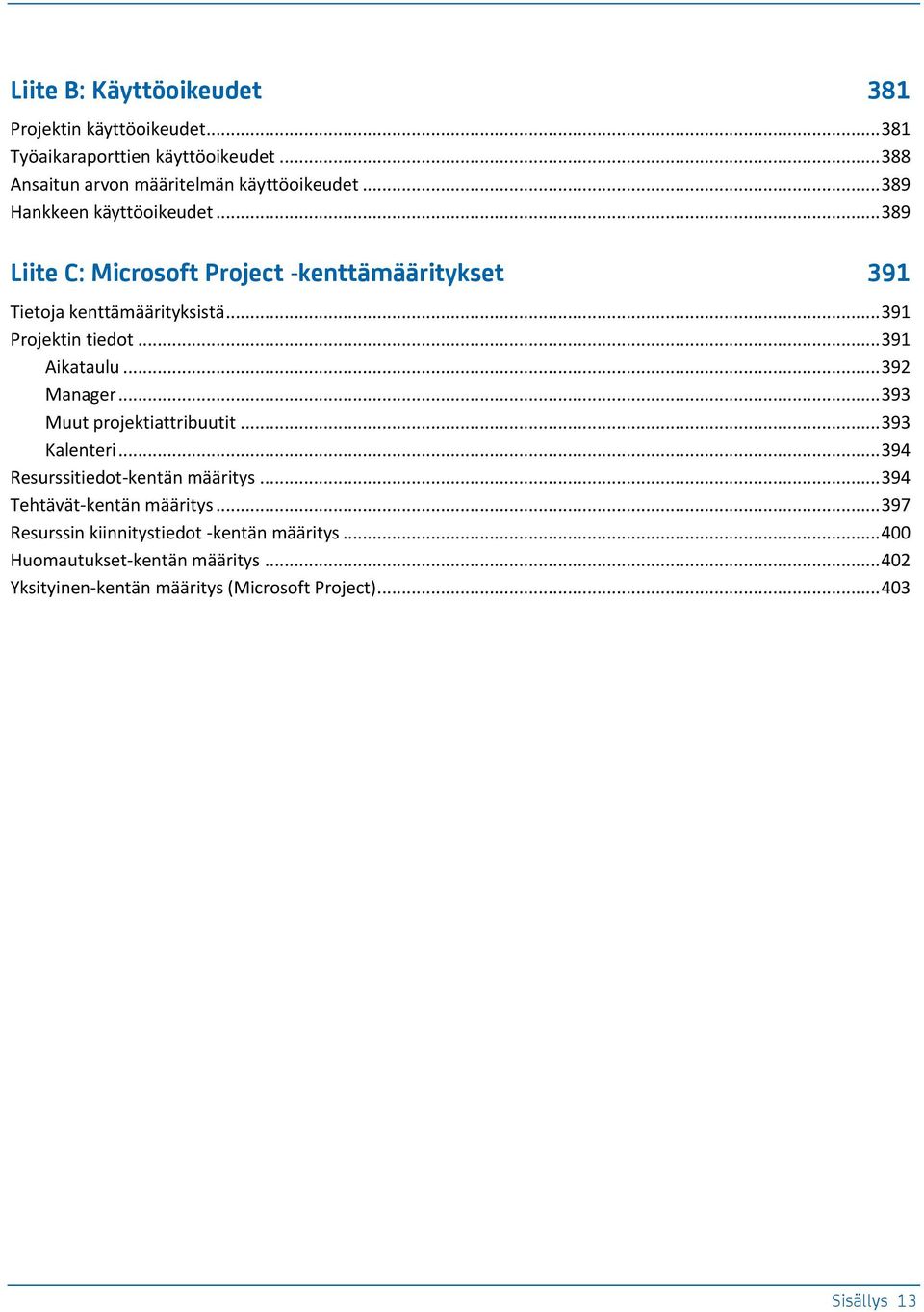 .. 391 Aiktulu... 392 Mnger... 393 Muut projektittribuutit... 393 Klenteri... 394 Reuritiedot-kentän määrity... 394 Tehtävät-kentän määrity.