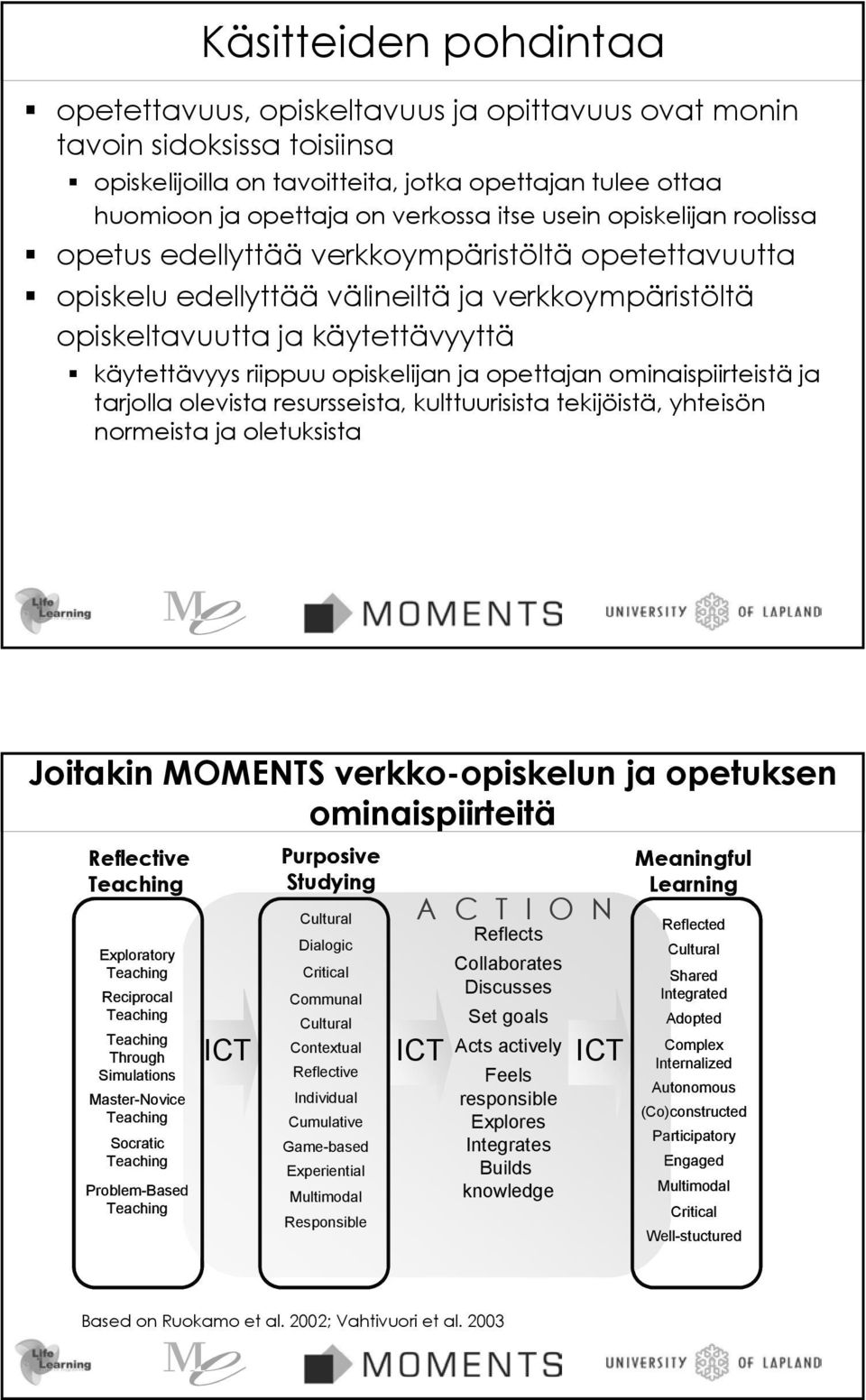 ja opettajan ominaispiirteistä ja tarjolla olevista resursseista, kulttuurisista tekijöistä, yhteisön normeista ja oletuksista Joitakin MOMENTS verkko-opiskelun ja opetuksen ominaispiirteitä