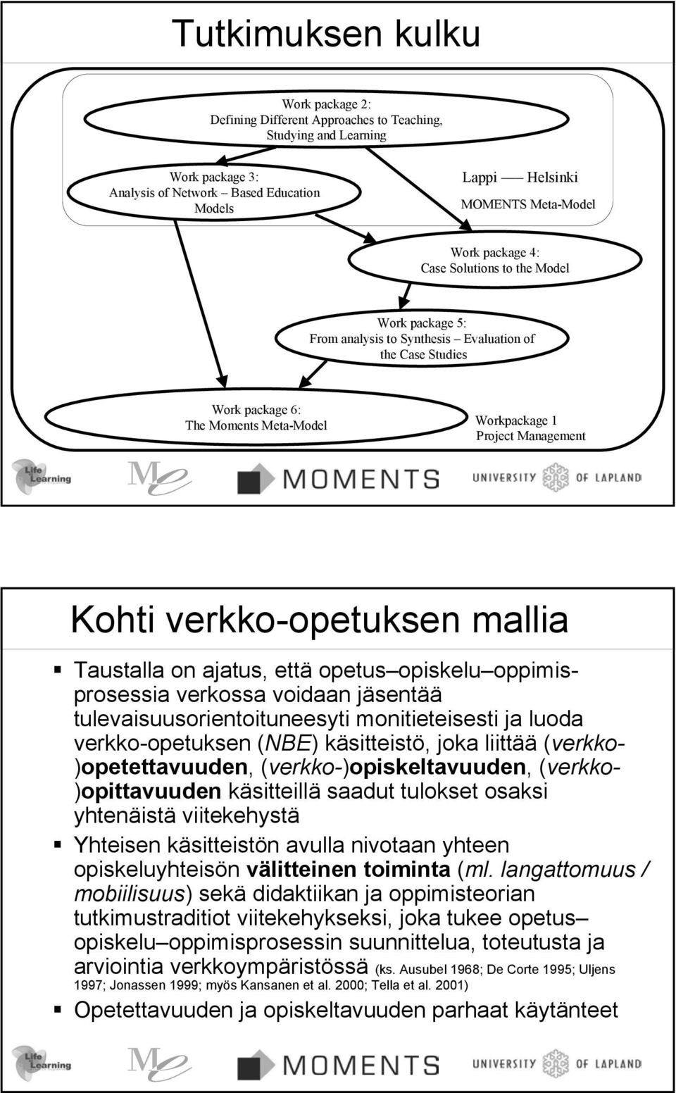 verkko-opetuksen mallia Taustalla on ajatus, että opetus opiskelu oppimisprosessia verkossa voidaan jäsentää tulevaisuusorientoituneesyti monitieteisesti ja luoda verkko-opetuksen (NBE) käsitteistö,