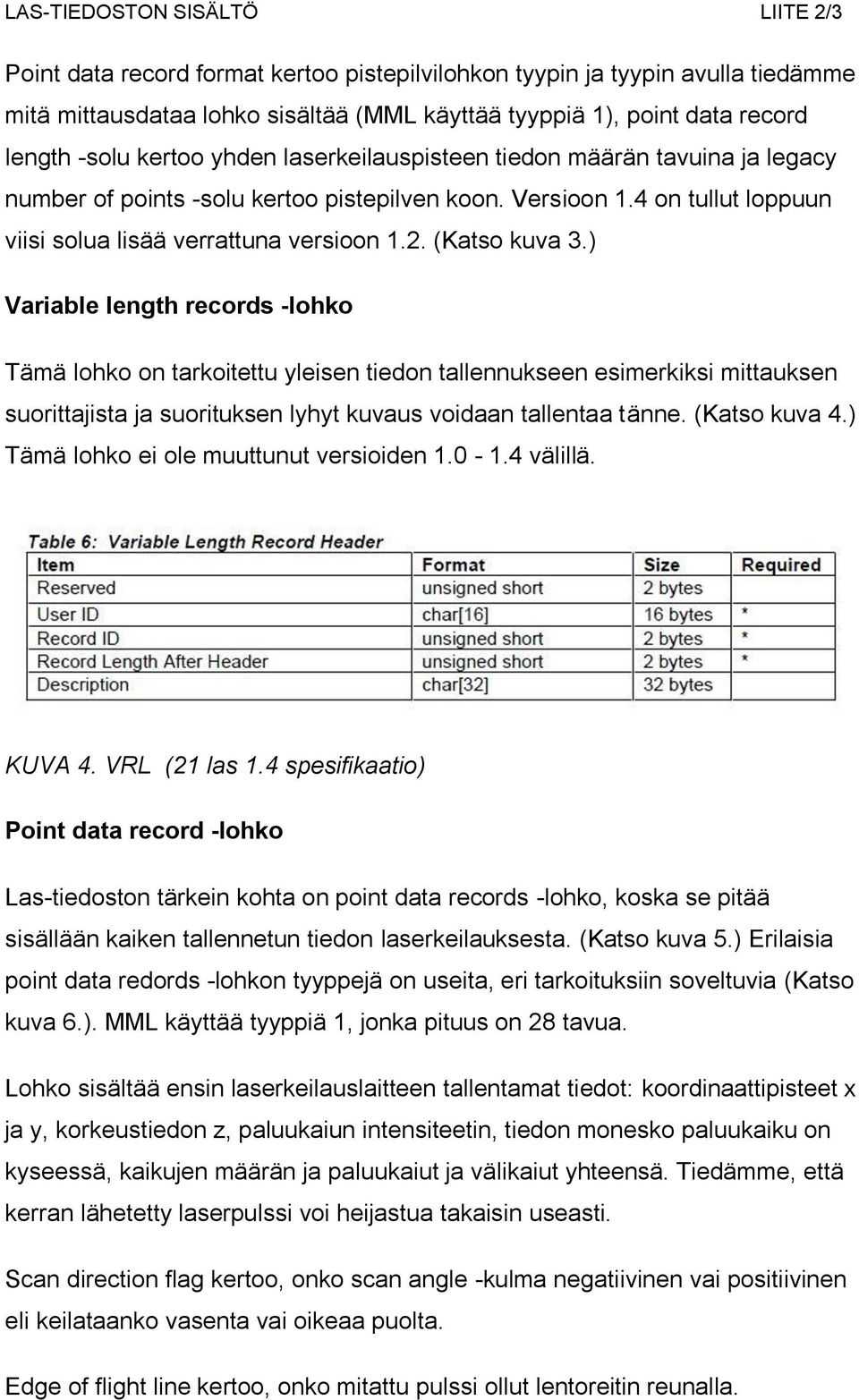 (Katso kuva 3.) Variable length records -lohko Tämä lohko on tarkoitettu yleisen tiedon tallennukseen esimerkiksi mittauksen suorittajista ja suorituksen lyhyt kuvaus voidaan tallentaa tänne.