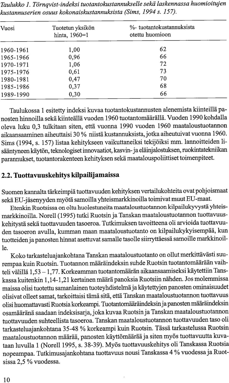 0,30 66 Taulukossa 1 esitetty indeksi kuvaa tuotantokustannusten alenemista kiinteillä panosten hinnoilla sekä kiinteällä vuoden 1960 tuotantomäärällä.