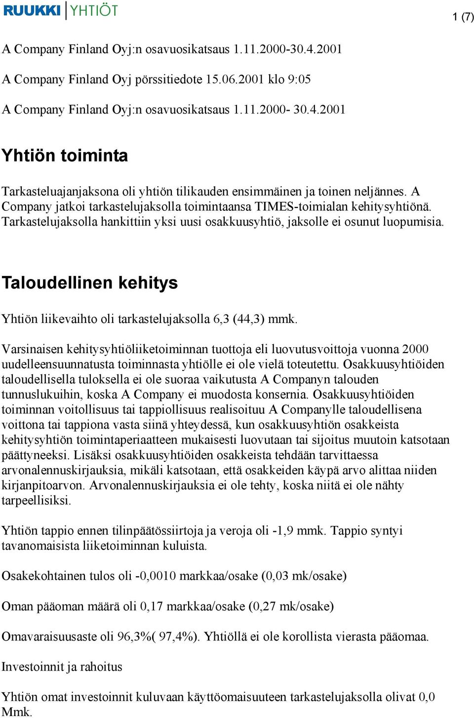 Taloudellinen kehitys Yhtiön liikevaihto oli tarkastelujaksolla 6,3 (44,3) mmk.