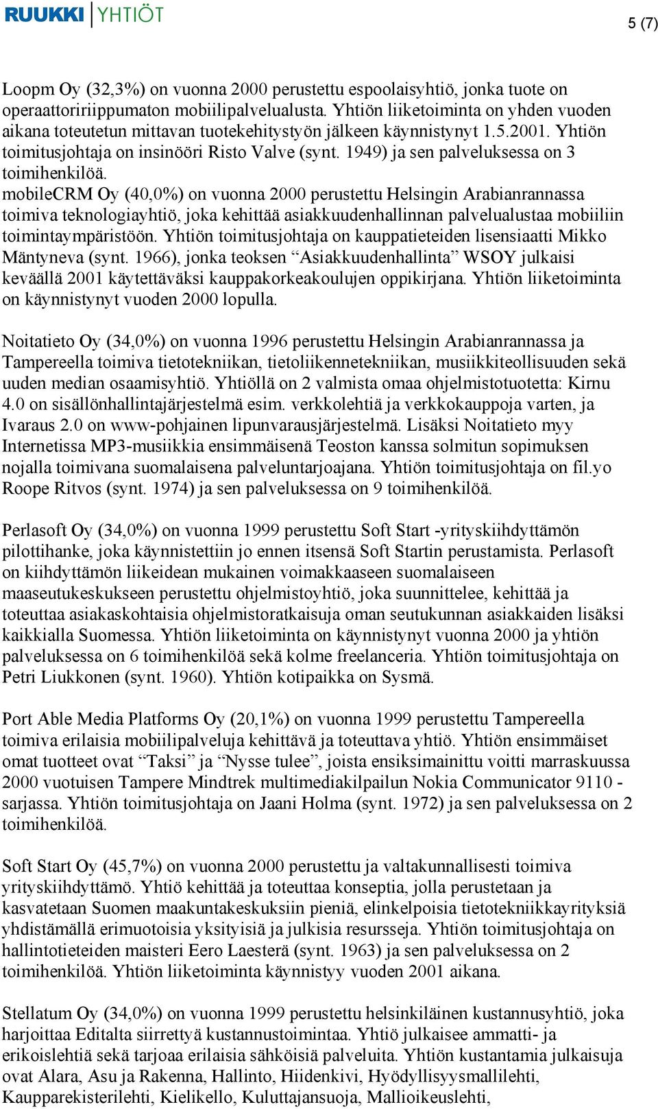 1949) ja sen palveluksessa on 3 mobilecrm Oy (40,0%) on vuonna 2000 perustettu Helsingin Arabianrannassa toimiva teknologiayhtiö, joka kehittää asiakkuudenhallinnan palvelualustaa mobiiliin