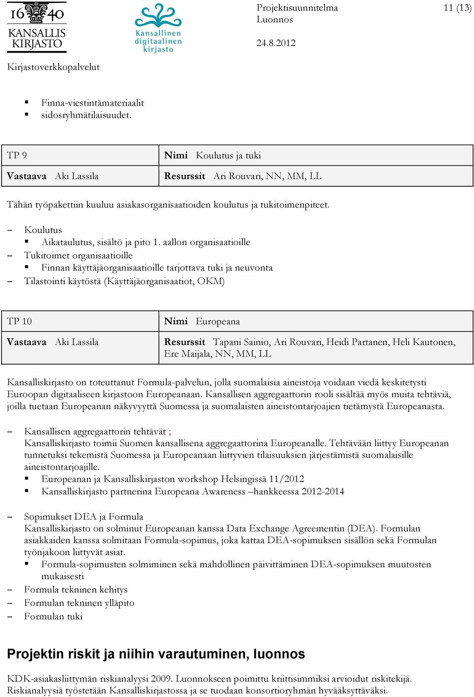 aallon organisaatioille Tukitoimet organisaatioille Finnan käyttäjäorganisaatioille tarjottava tuki ja neuvonta Tilastointi käytöstä (Käyttäjäorganisaatiot, OKM) TP 10 Nimi Europeana Resurssit Tapani