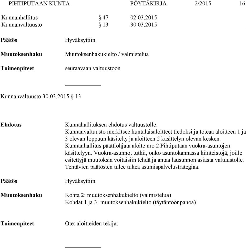 2015 13 Ehdotus Päätös Muutoksenhaku Kunnahallituksen ehdotus valtuustolle: Kunnanvaltuusto merkitsee kuntalaisaloitteet tiedoksi ja toteaa aloitteen 1 ja 3 olevan loppuun käsitelty ja aloitteen 2