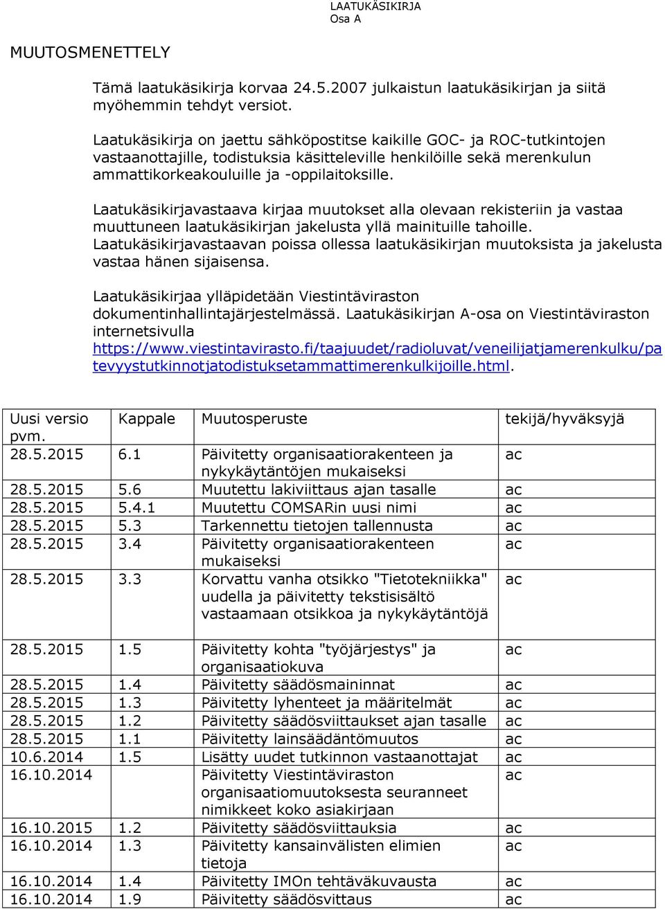 Laatukäsikirjavastaava kirjaa muutokset alla olevaan rekisteriin ja vastaa muuttuneen laatukäsikirjan jakelusta yllä mainituille tahoille.