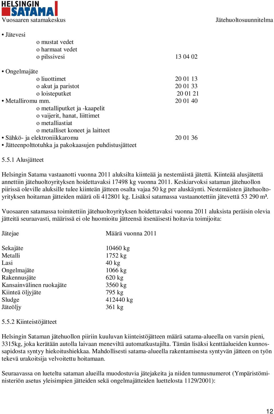 puhdistusjätteet 5.5.1 Alusjätteet Helsingin Satama vastaanotti vuonna 2011 aluksilta kiinteää ja nestemäistä jätettä.