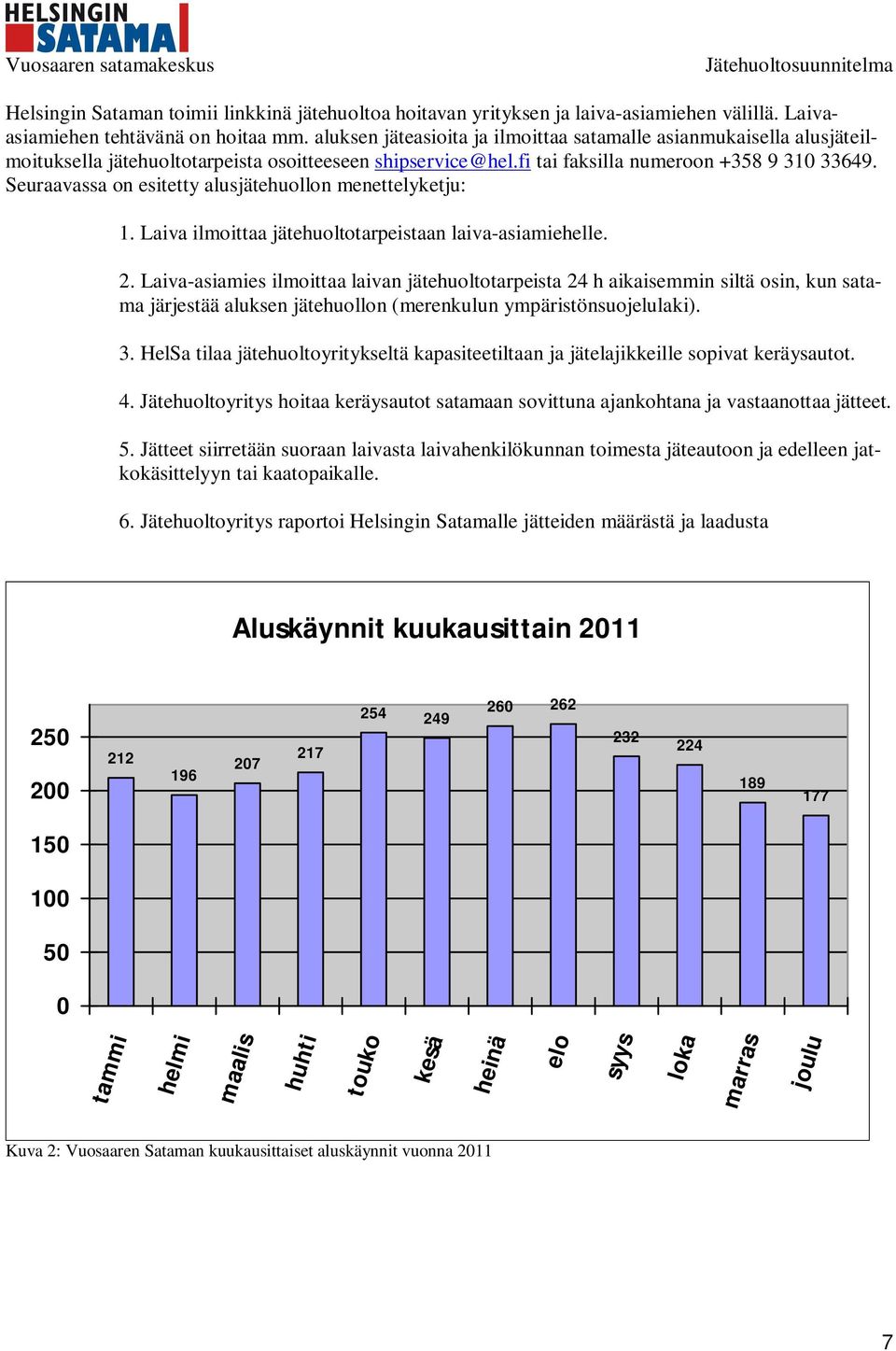 Seuraavassa on esitetty alusjätehuollon menettelyketju: 1. Laiva ilmoittaa jätehuoltotarpeistaan laiva-asiamiehelle. 2.