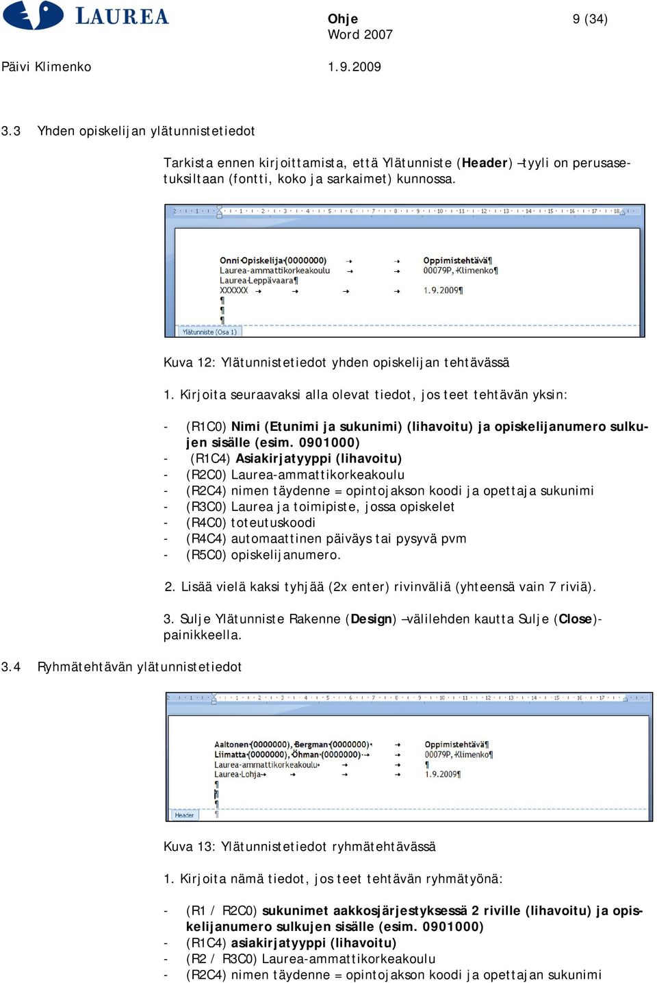 0901000) - (R1C4) Asiakirjatyyppi (lihavoitu) - (R2C0) Laurea-ammattikorkeakoulu - (R2C4) nimen täydenne = opintojakson koodi ja opettaja sukunimi - (R3C0) Laurea ja toimipiste, jossa opiskelet -