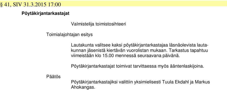 pöytäkirjantarkastajaa läsnäolevista lautakunnan jäsenistä kiertävän vuorolistan mukaan.