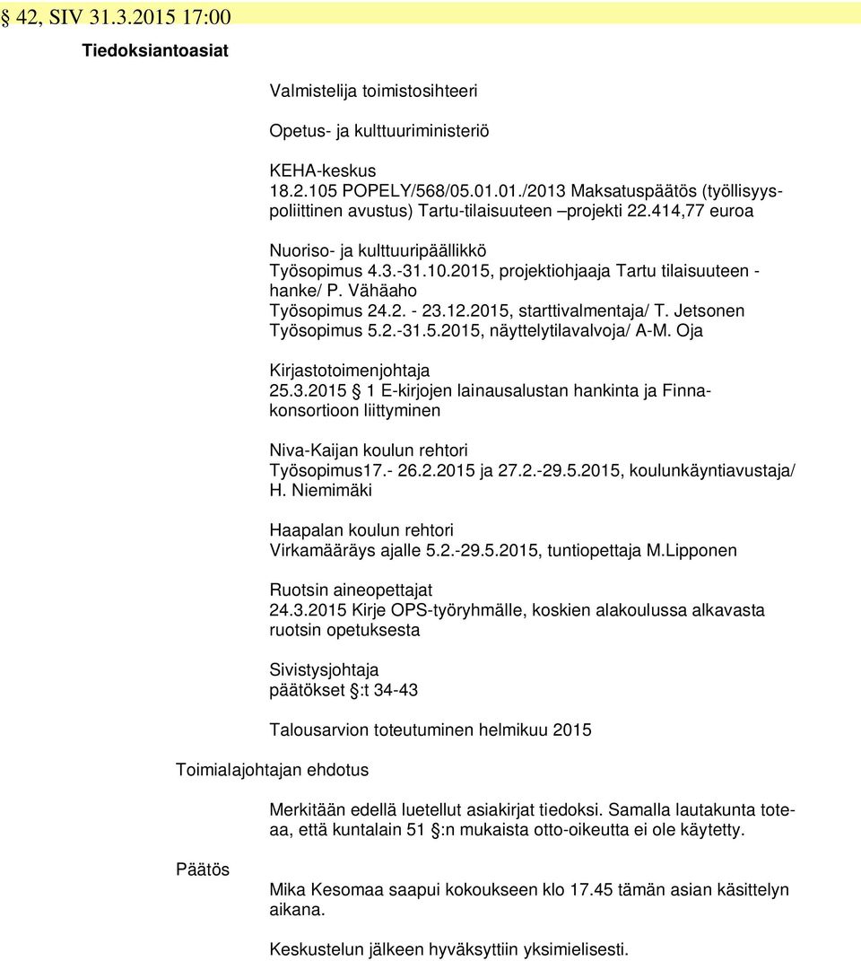 Jetsonen Työsopimus 5.2.-31.5.2015, näyttelytilavalvoja/ A-M. Oja Kirjastotoimenjohtaja 25.3.2015 1 E-kirjojen lainausalustan hankinta ja Finnakonsortioon liittyminen Niva-Kaijan koulun rehtori Työsopimus17.