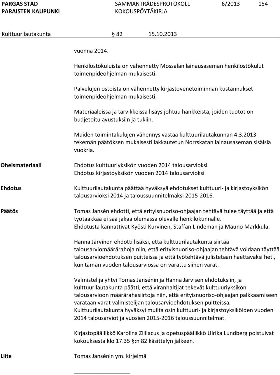 Materiaaleissa ja tarvikkeissa lisäys johtuu hankkeista, joiden tuotot on budjetoitu avustuksiin ja tukiin. Muiden toimintakulujen vähennys vastaa kulttuurilautakunnan 4.3.