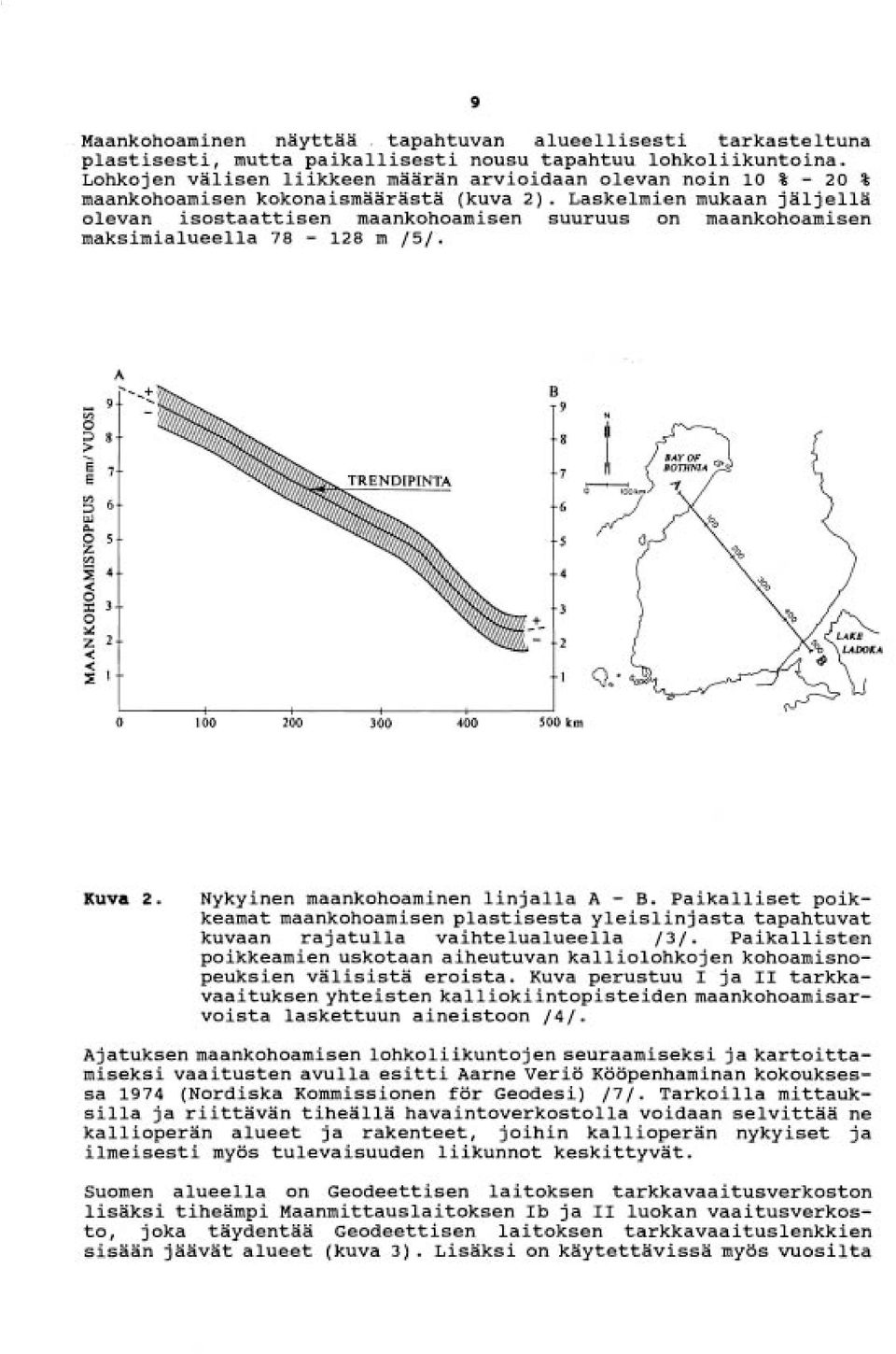 Laskelmien mukaan jäljellä olevan isostaattisen maankohoamisen suuruus on maankohoamisen maksimialueella 78-128 m 151. Kuva 2. Nykyinen maankohoaminen linjalla A - B.