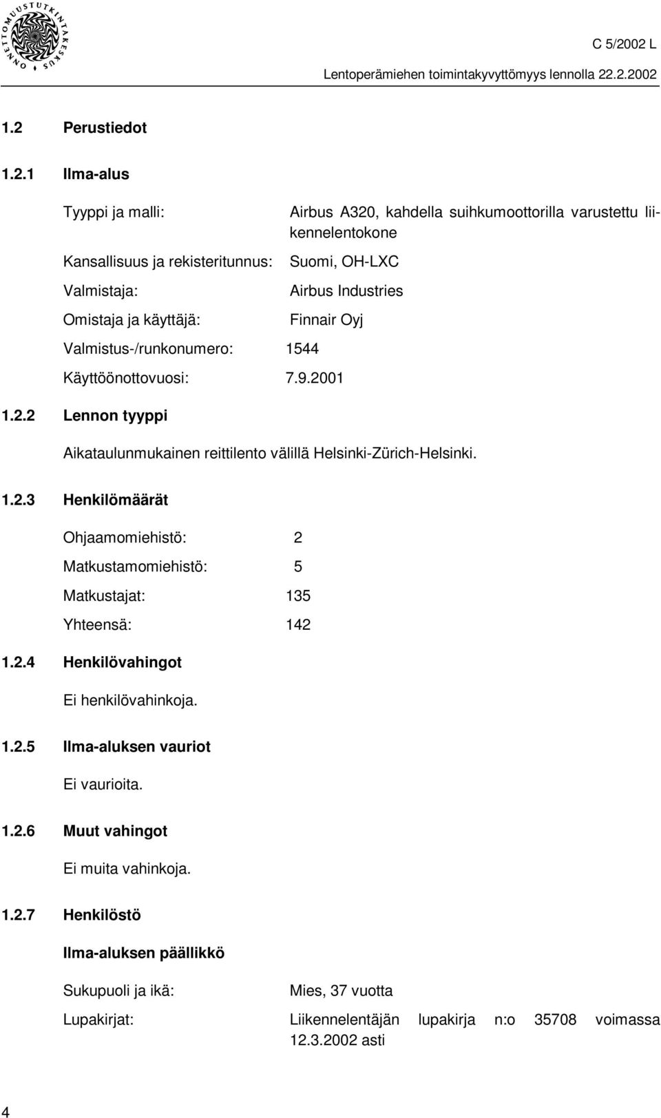 01 1.2.2 Lennon tyyppi Aikataulunmukainen reittilento välillä Helsinki-Zürich-Helsinki. 1.2.3 Henkilömäärät Ohjaamomiehistö: 2 Matkustamomiehistö: 5 Matkustajat: 135 Yhteensä: 142 1.2.4 Henkilövahingot Ei henkilövahinkoja.