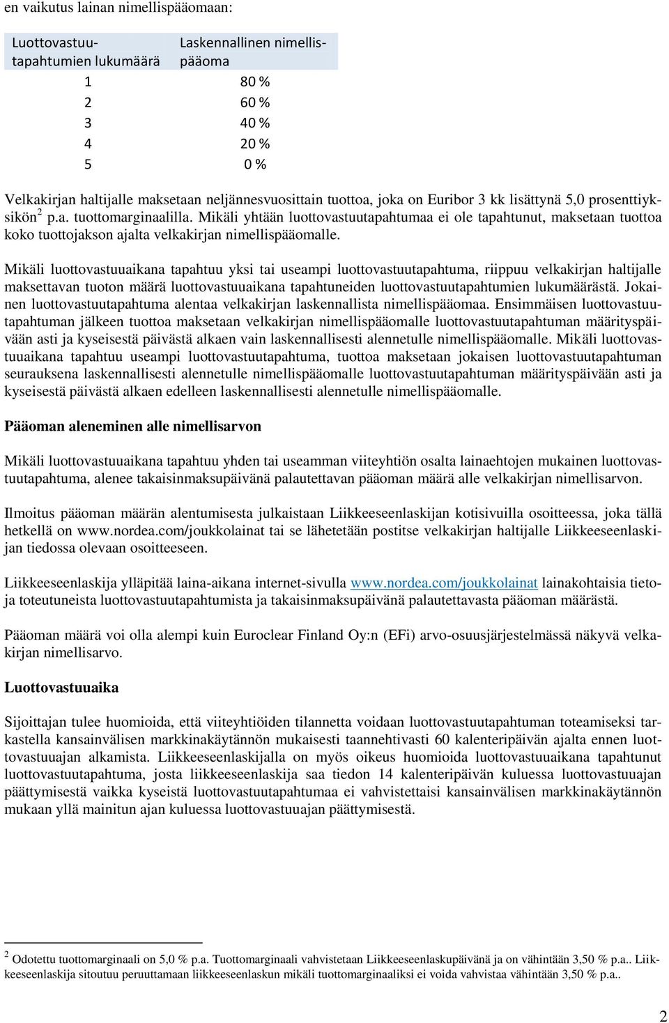 Mikäli yhtään luottovastuutapahtumaa ei ole tapahtunut, maksetaan tuottoa koko tuottojakson ajalta velkakirjan nimellispääomalle.