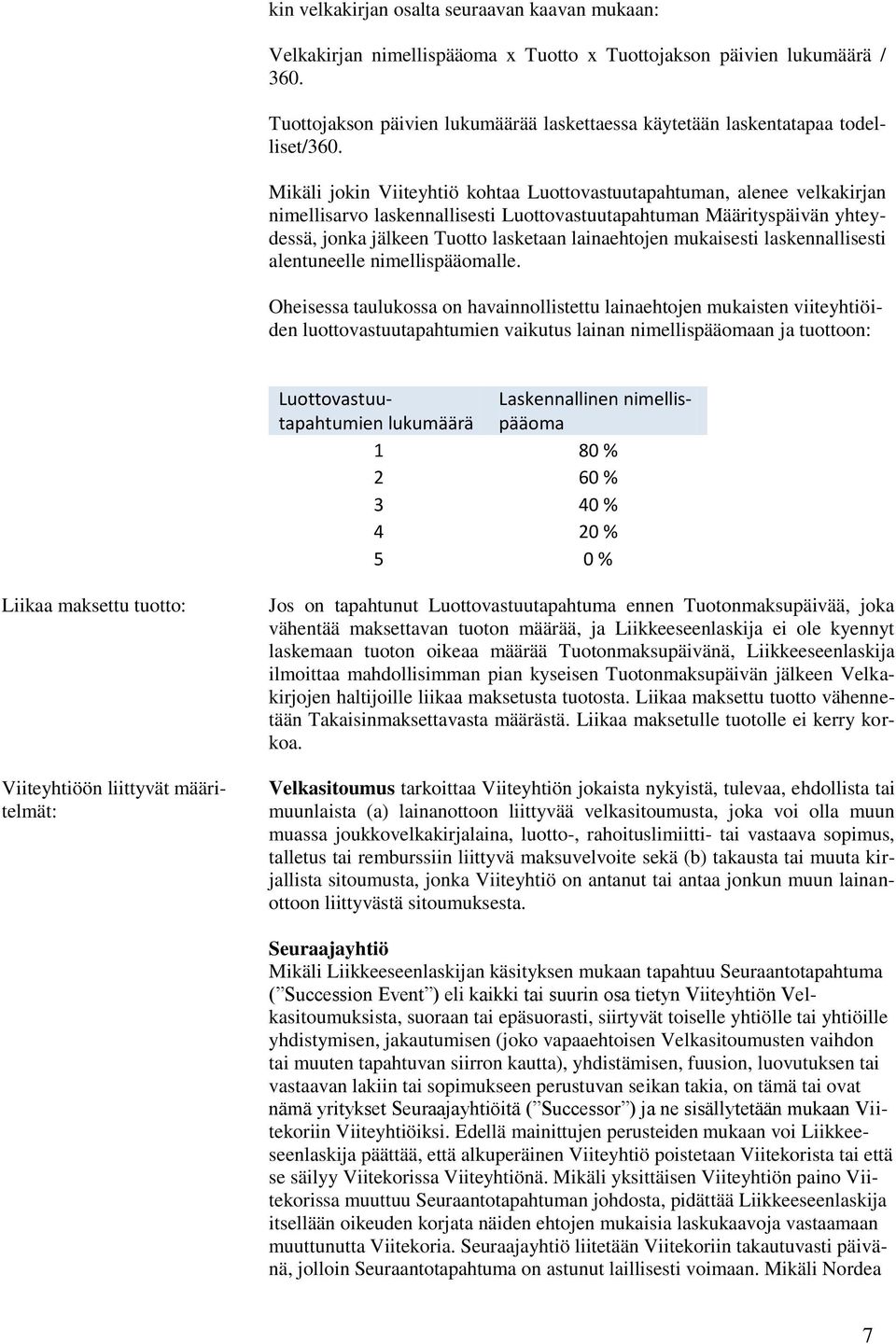 Mikäli jokin Viiteyhtiö kohtaa Luottovastuutapahtuman, alenee velkakirjan nimellisarvo laskennallisesti Luottovastuutapahtuman Määrityspäivän yhteydessä, jonka jälkeen Tuotto lasketaan lainaehtojen