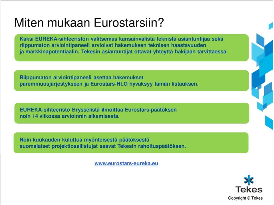 markkinapotentiaalin. Tekesin asiantuntijat ottavat yhteyttä hakijaan tarvittaessa.