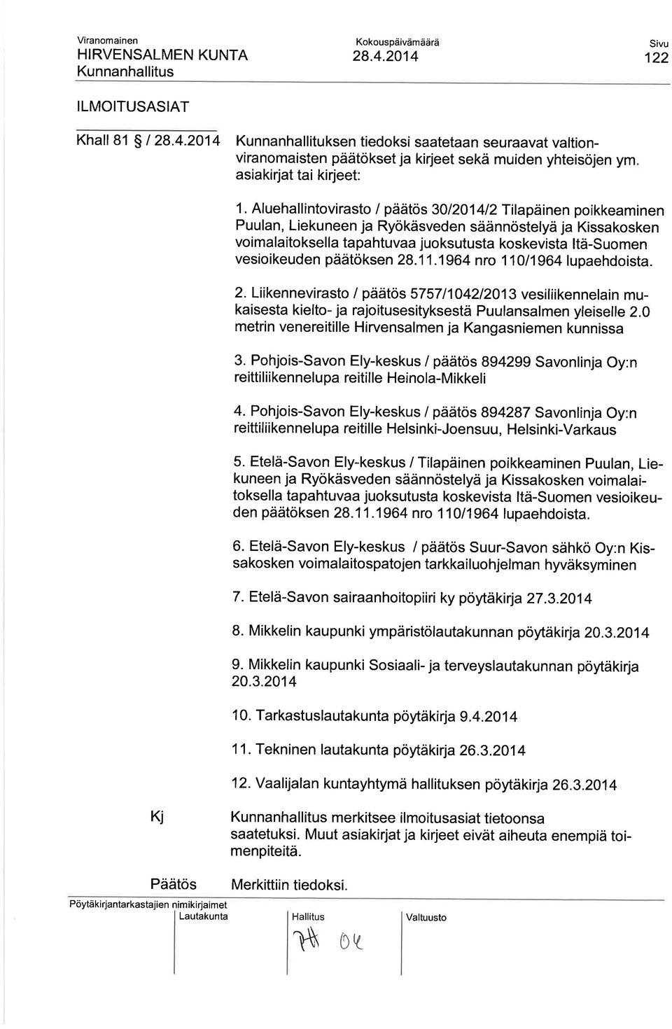 päätöksen 28.1 1.1964 nro 1 1 011964lupaehdoista. 2. Liikennevirasto / päätös 57571104212013 vesiliikennelain mukaisesta kielto- ja rajoitusesityksestä Puulansalmen yleiselle 2.