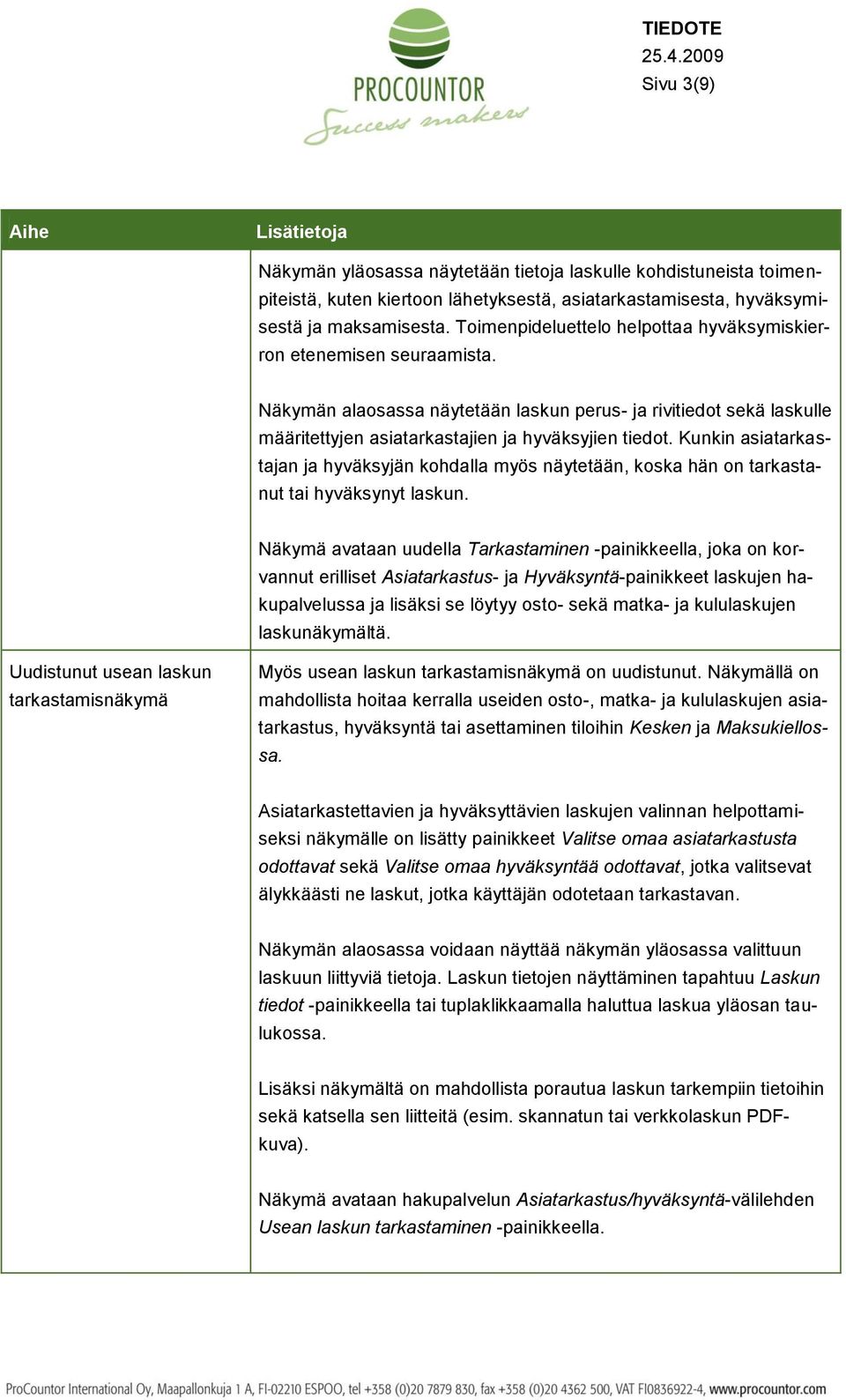 Kunkin asiatarkastajan ja hyväksyjän kohdalla myös näytetään, koska hän on tarkastanut tai hyväksynyt laskun.