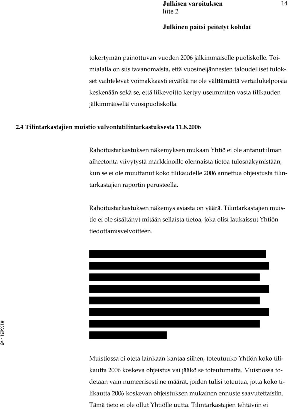 useimmiten vasta tilikauden jälkimmäisellä vuosipuoliskolla. 2.4 Tilintarkastajien muistio valvontatilintarkastuksesta 11.8.