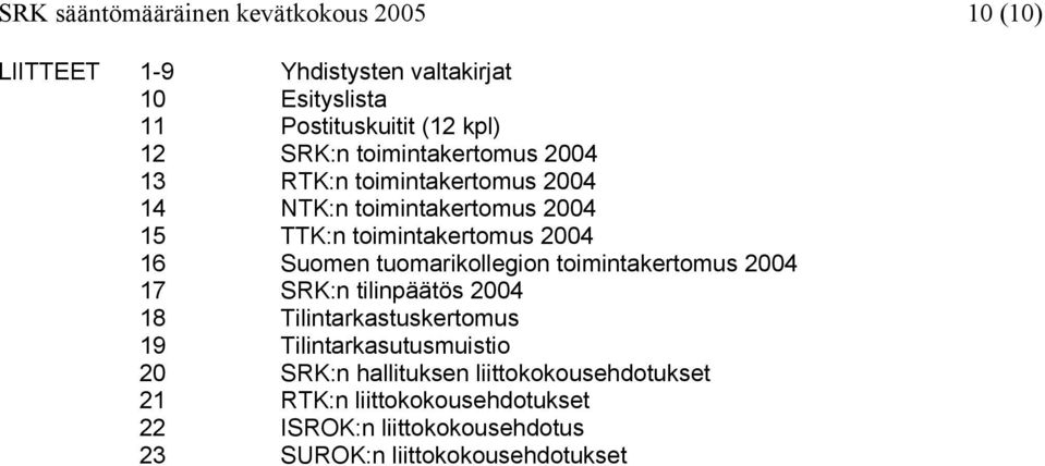 Suomen tuomarikollegion toimintakertomus 2004 17 SRK:n tilinpäätös 2004 18 Tilintarkastuskertomus 19 Tilintarkasutusmuistio 20