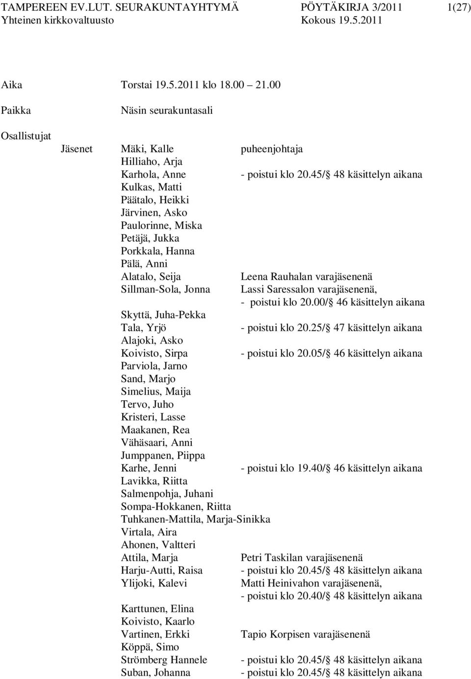 45/ 48 käsittelyn aikana Kulkas, Matti Päätalo, Heikki Järvinen, Asko Paulorinne, Miska Petäjä, Jukka Porkkala, Hanna Pälä, Anni Alatalo, Seija Leena Rauhalan varajäsenenä Sillman-Sola, Jonna Lassi