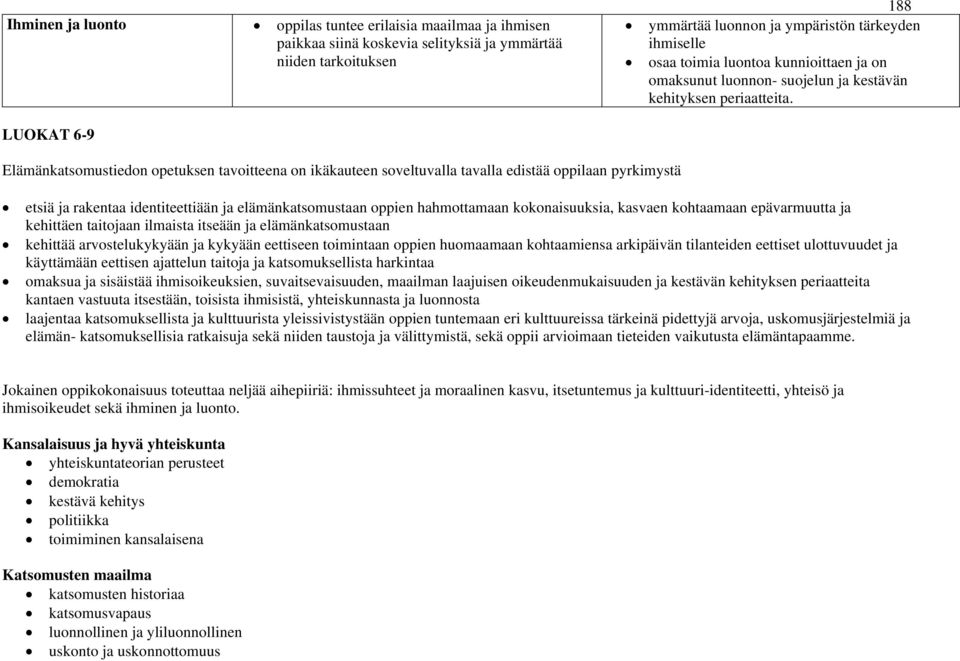 LUOKAT 6-9 Elämänkatsomustiedon opetuksen tavoitteena on ikäkauteen soveltuvalla tavalla edistää oppilaan pyrkimystä etsiä ja rakentaa identiteettiään ja elämänkatsomustaan oppien hahmottamaan